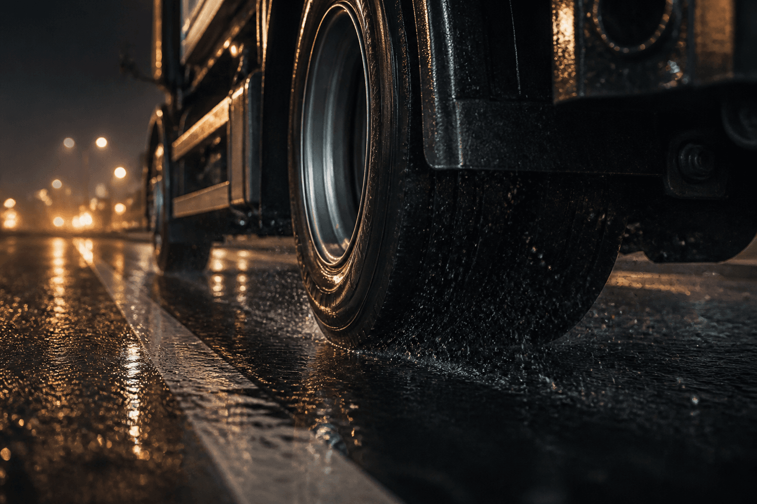 Truck tyre on wet asphalt